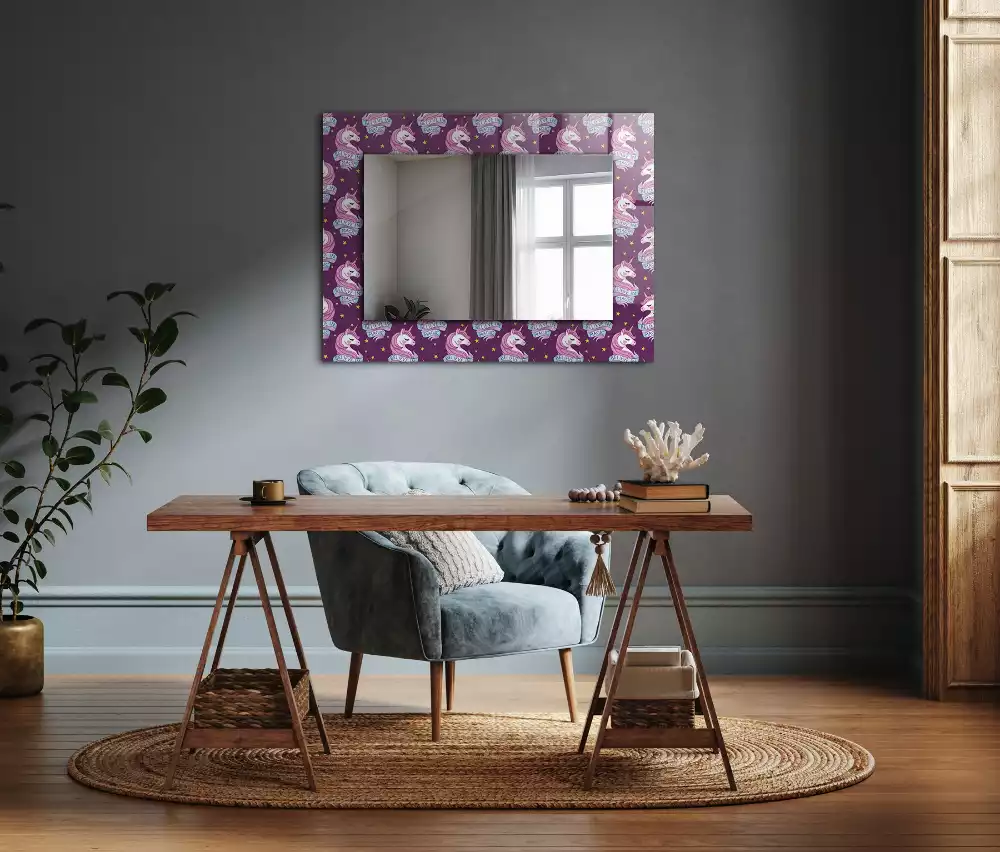 Miroir rectangulaire avec cadre imprimé licornes étoiles et inscription