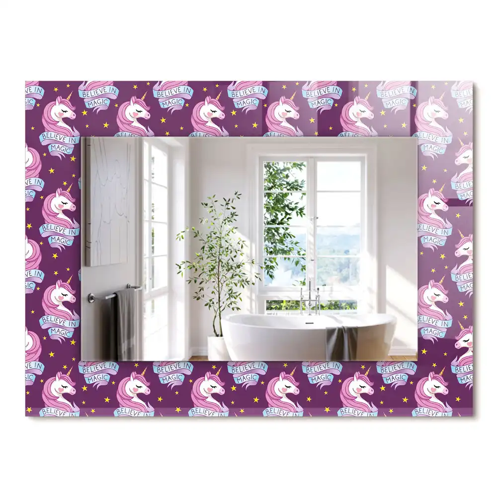 Miroir rectangulaire avec cadre imprimé licornes étoiles et inscription