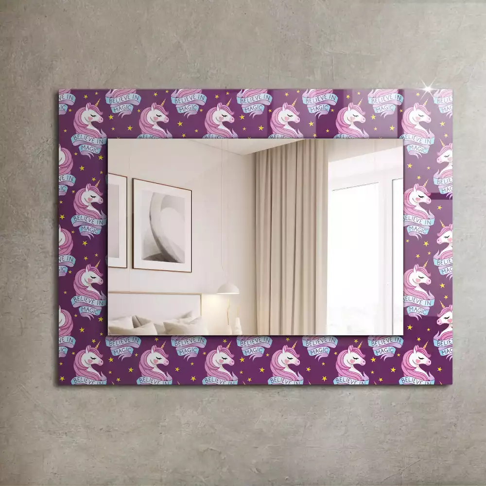 Miroir rectangulaire avec cadre imprimé licornes étoiles et inscription