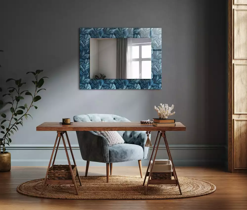 Miroir rectangulaire imprimé motif feuilles bleu clair