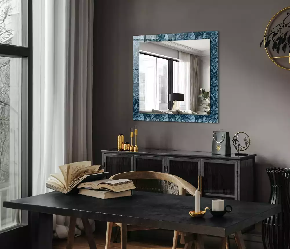 Miroir rectangulaire imprimé motif feuilles bleu clair