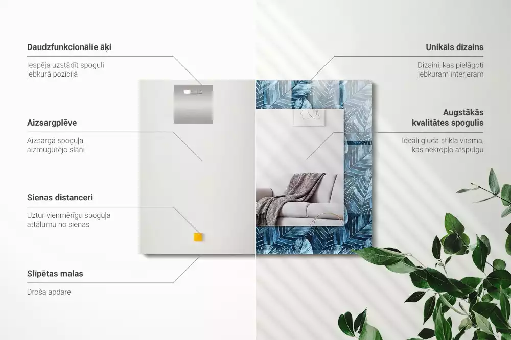 Miroir rectangulaire imprimé motif feuilles bleu clair