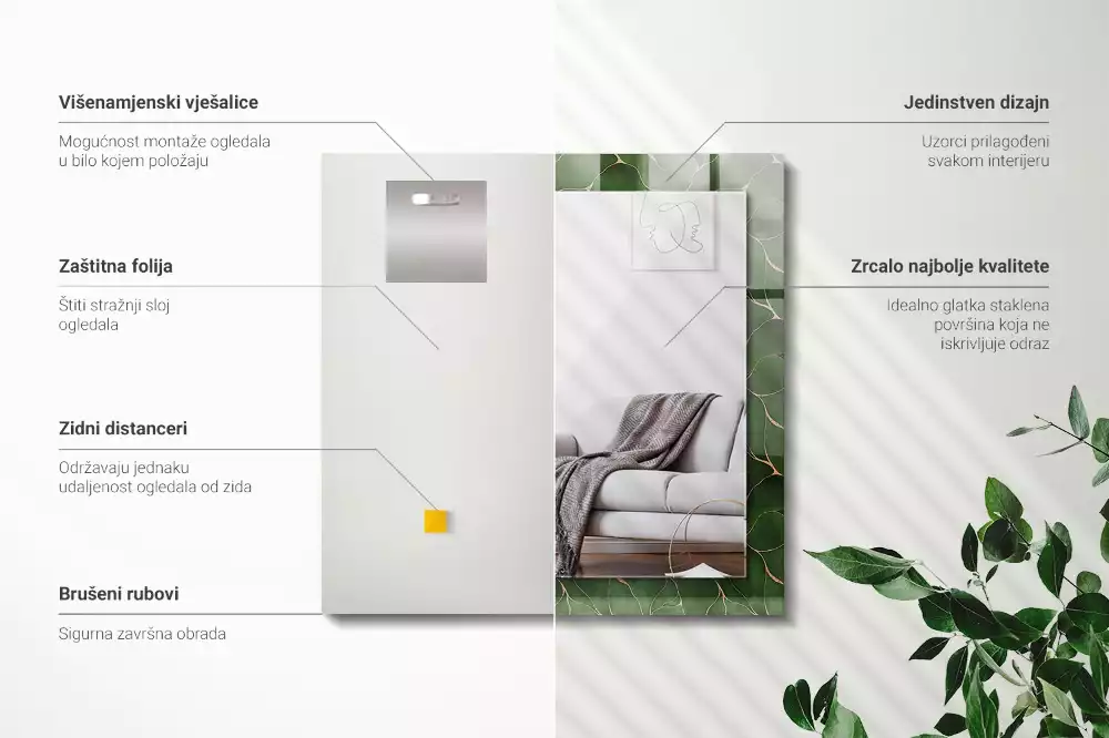 Miroir rectangulaire avec cadre imprimé motif feuilles vertes