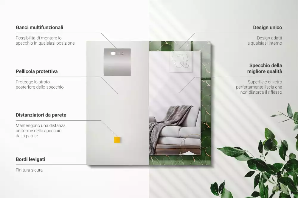 Miroir rectangulaire avec cadre imprimé motif feuilles vertes