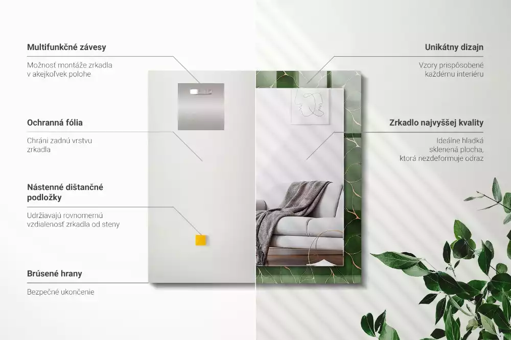 Miroir rectangulaire avec cadre imprimé motif feuilles vertes