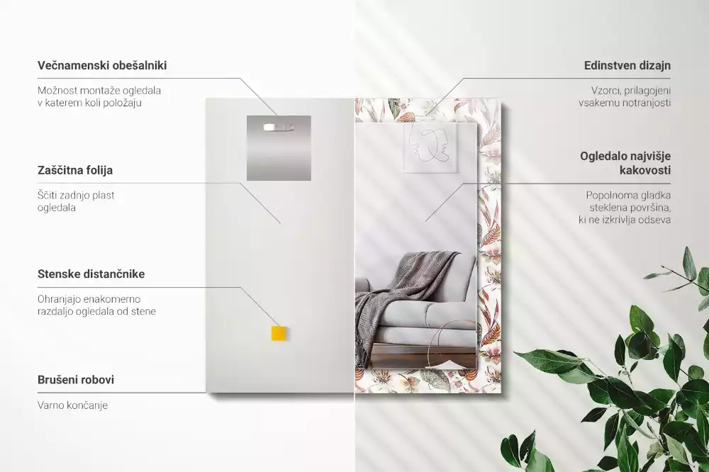 Miroir rectangulaire à cadre imprimé fleurs et feuilles
