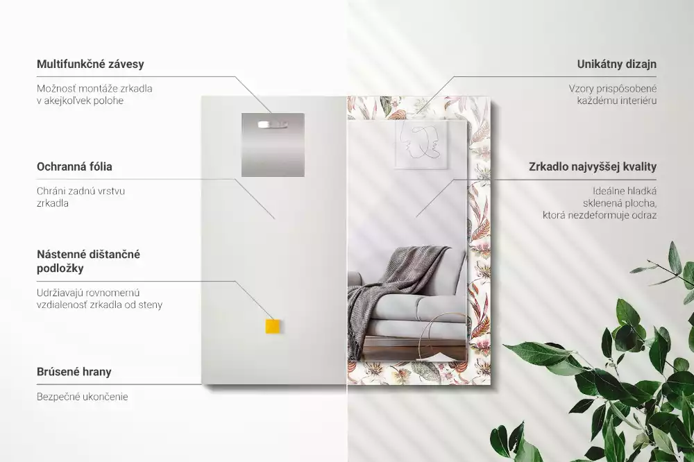 Miroir rectangulaire à cadre imprimé fleurs et feuilles