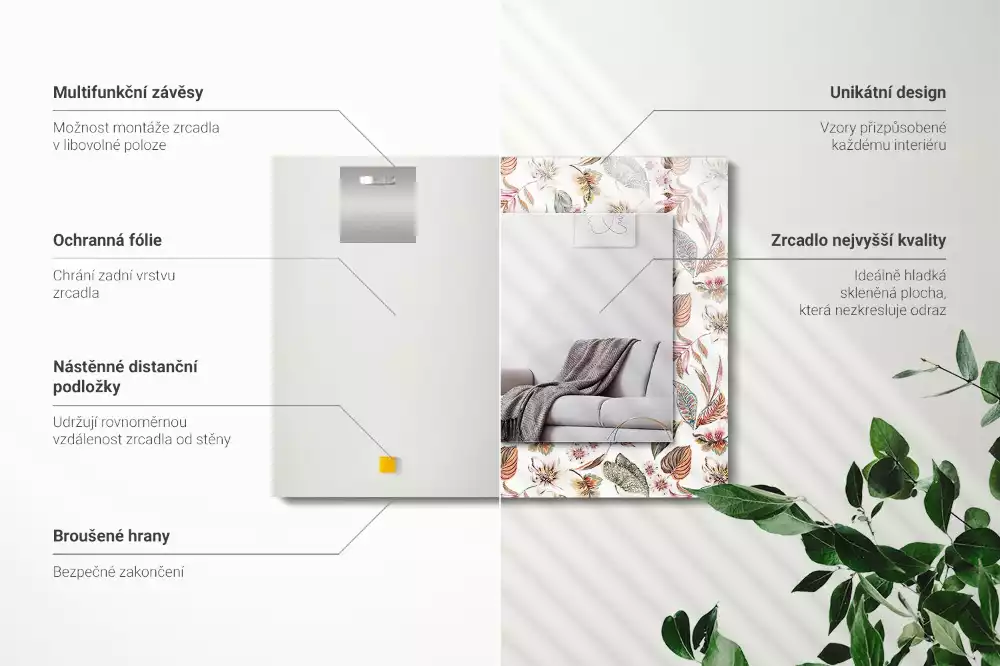 Miroir rectangulaire à cadre imprimé fleurs et feuilles