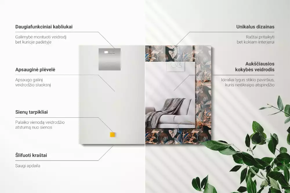 Miroir rectangulaire décoratif imprimé fleurs et feuilles