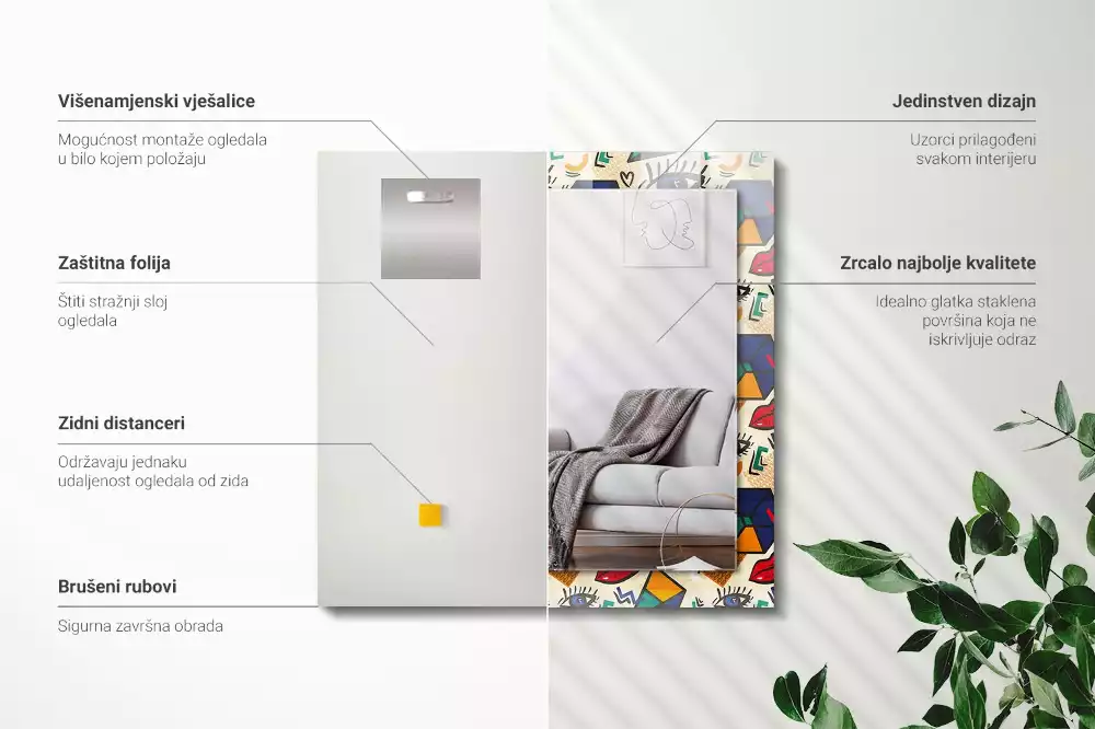 Miroir rectangulaire imprimé formes d'yeux et de bouches