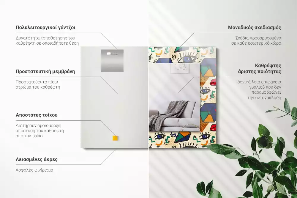 Miroir rectangulaire imprimé formes d'yeux et de bouches