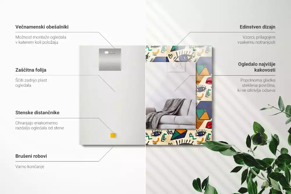 Miroir rectangulaire imprimé formes d'yeux et de bouches