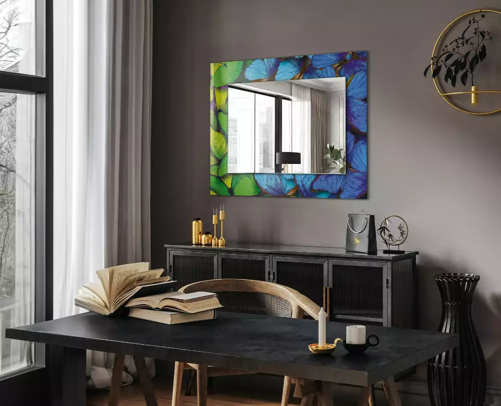 Miroir rectangulaire à cadre imprimé papillons bleus et verts