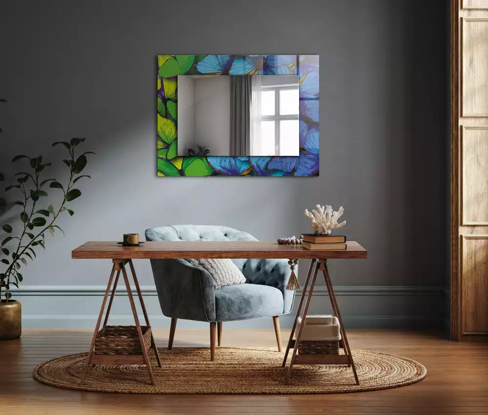 Miroir rectangulaire à cadre imprimé papillons bleus et verts