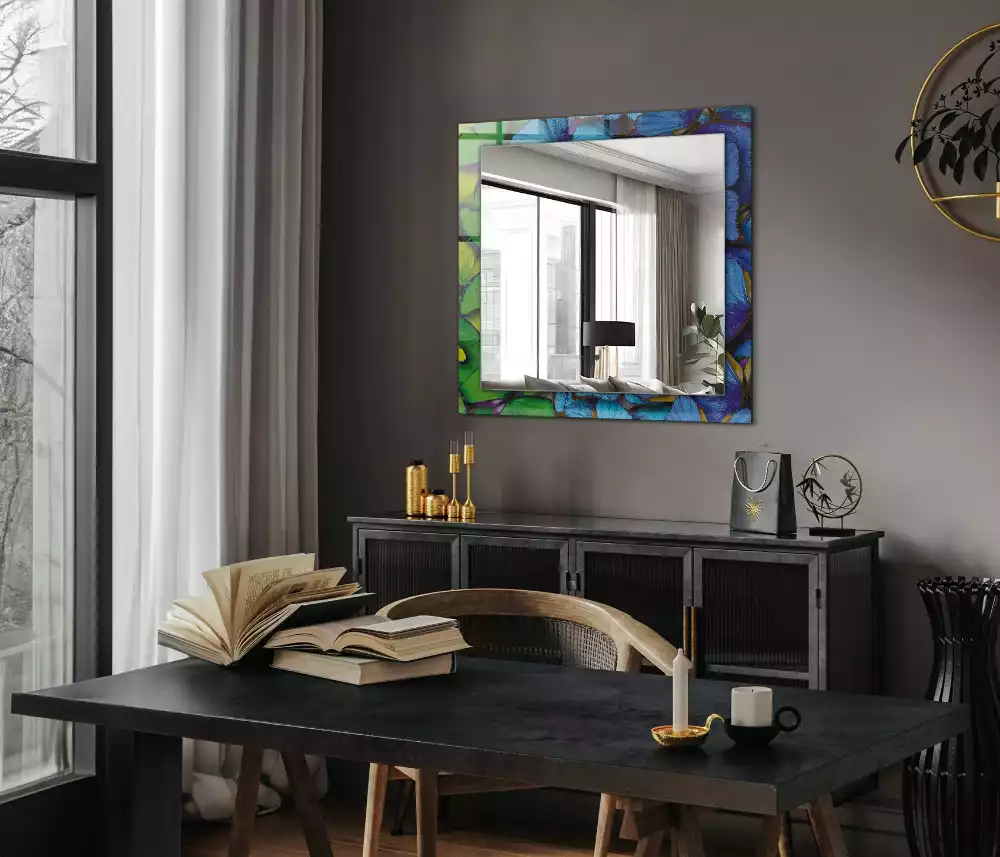 Miroir rectangulaire à cadre imprimé papillons bleus et verts