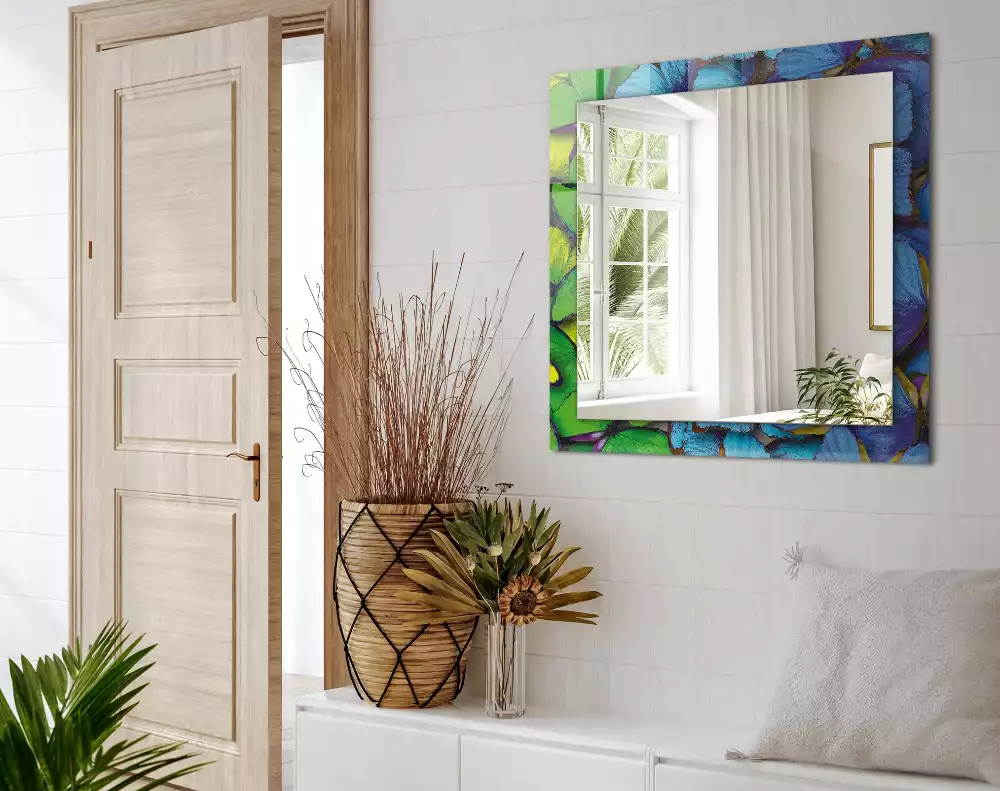 Miroir rectangulaire à cadre imprimé papillons bleus et verts