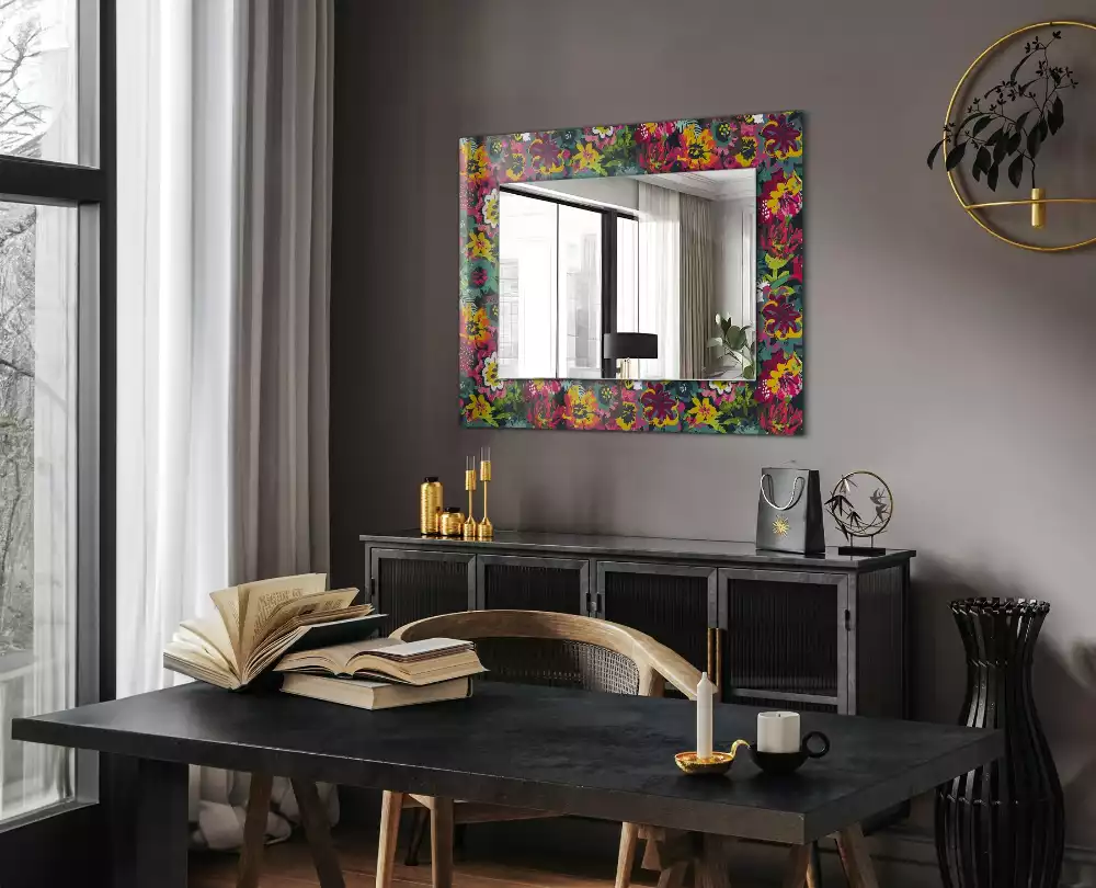 Miroir rectangulaire avec cadre imprimé motifs floraux violets