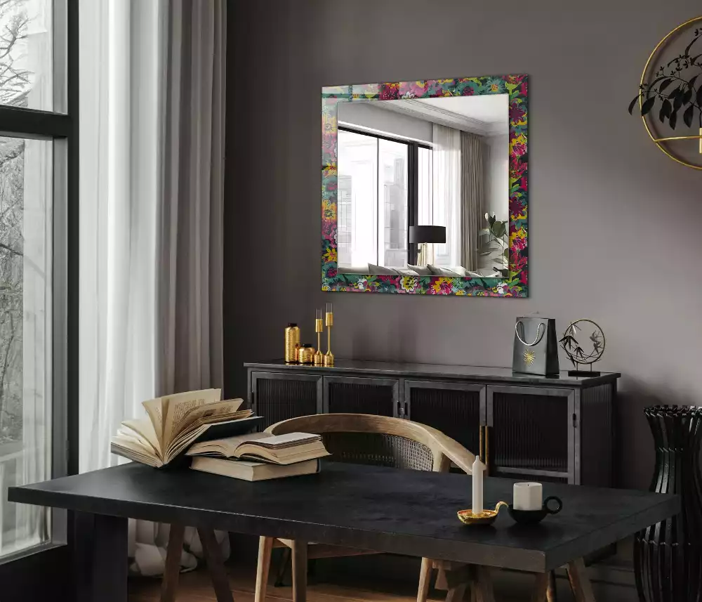 Miroir rectangulaire avec cadre imprimé motifs floraux violets