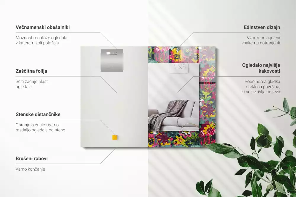 Miroir rectangulaire avec cadre imprimé motifs floraux violets