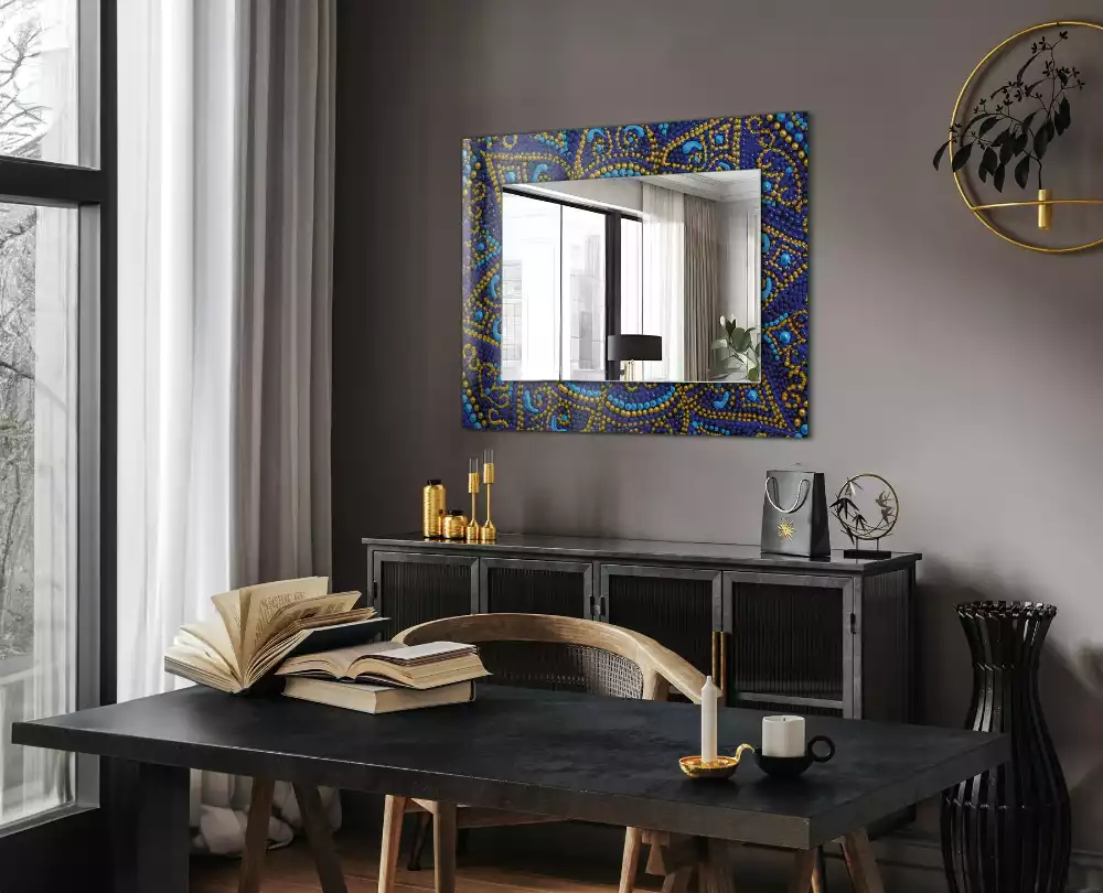 Miroir rectangulaire avec cadre imprimé mandala pointillé bleu clair