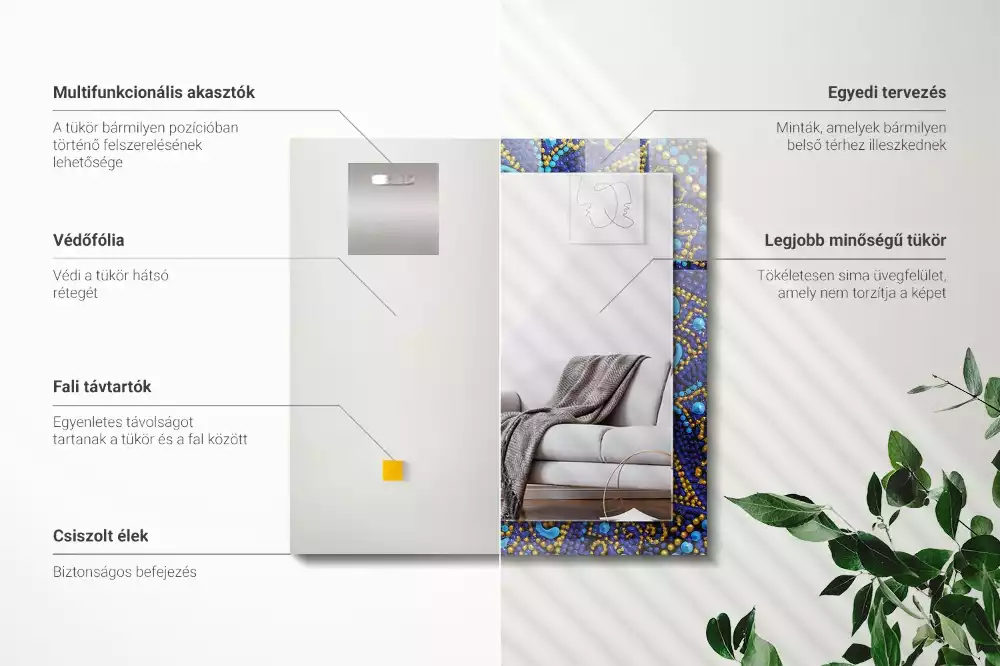 Miroir rectangulaire avec cadre imprimé mandala pointillé bleu clair