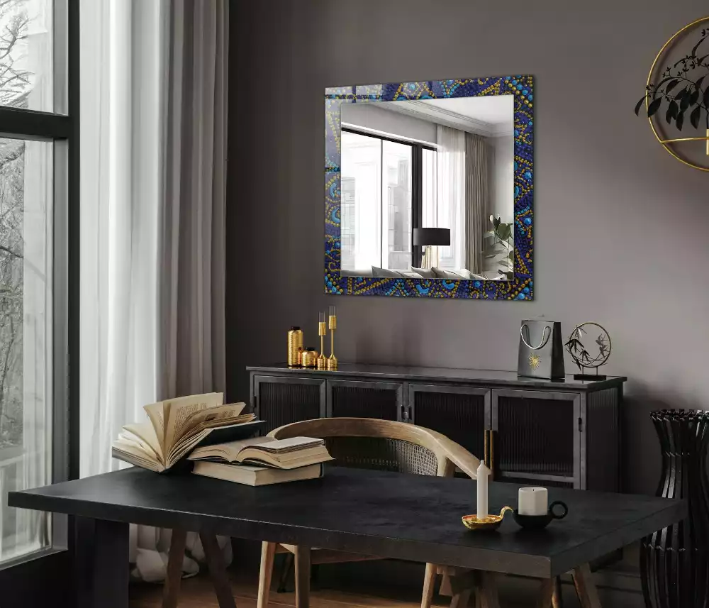 Miroir rectangulaire avec cadre imprimé mandala pointillé bleu clair
