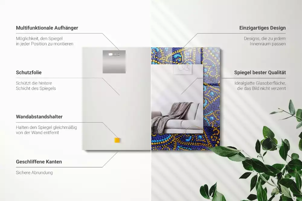 Miroir rectangulaire avec cadre imprimé mandala pointillé bleu clair