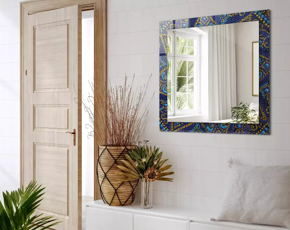 Miroir rectangulaire avec cadre imprimé mandala pointillé bleu clair
