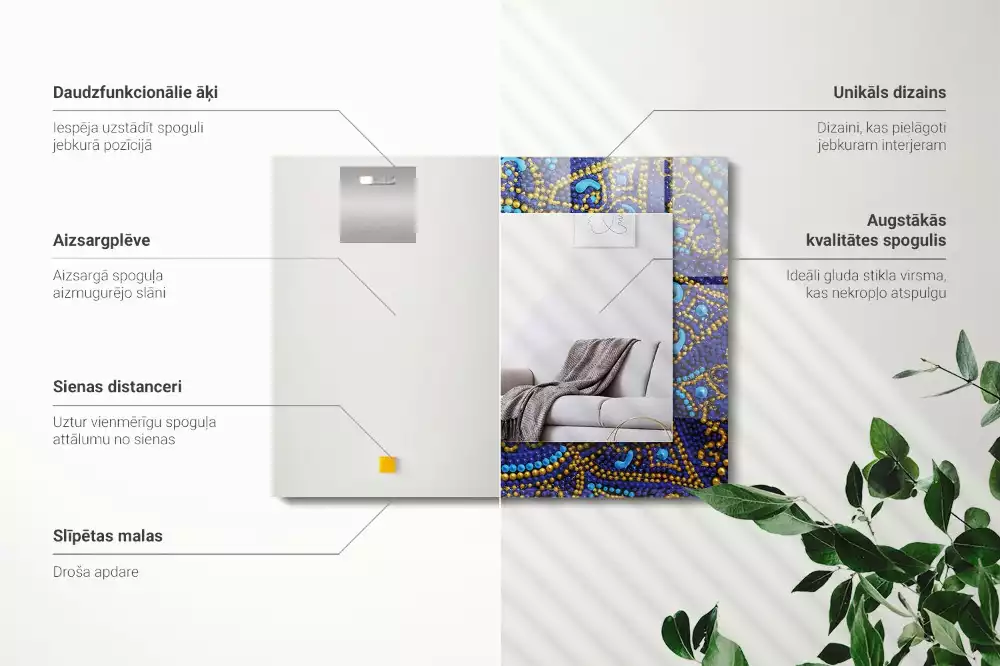 Miroir rectangulaire avec cadre imprimé mandala pointillé bleu clair