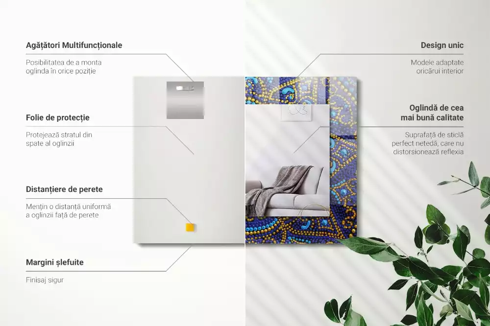 Miroir rectangulaire avec cadre imprimé mandala pointillé bleu clair