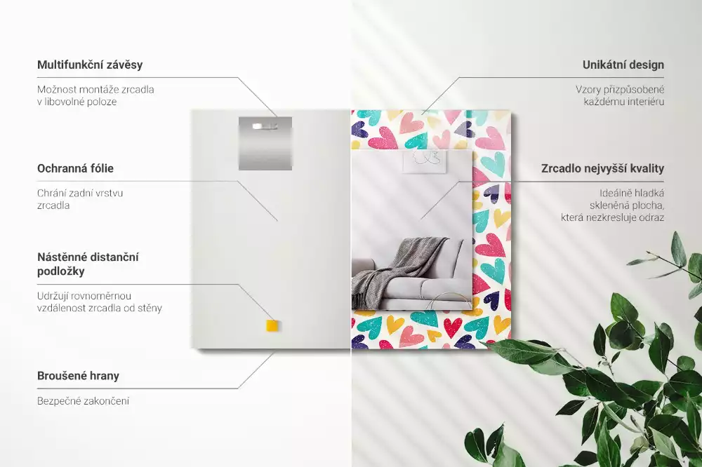 Miroir rectangulaire imprimé motif cœurs colorés