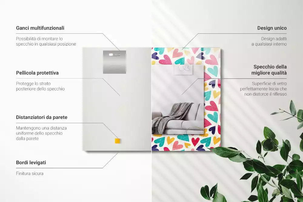 Miroir rectangulaire imprimé motif cœurs colorés