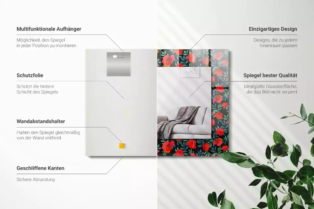 Miroir rectangulaire décoratif imprimé coquelicots