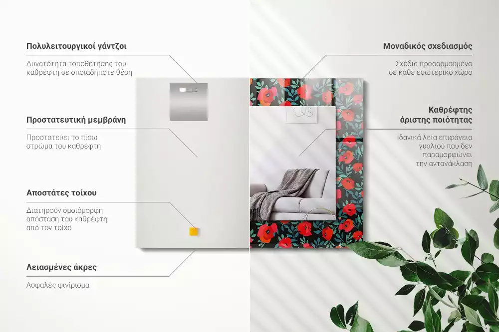 Miroir rectangulaire décoratif imprimé coquelicots