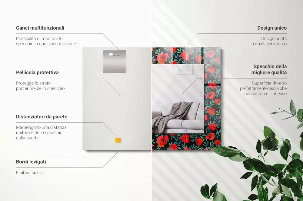 Miroir rectangulaire décoratif imprimé coquelicots