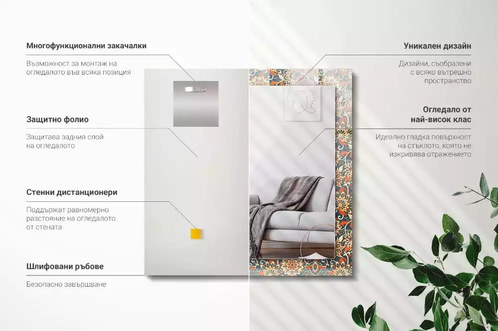 Miroir rectangulaire décoratif imprimé motif floral pour papier peint