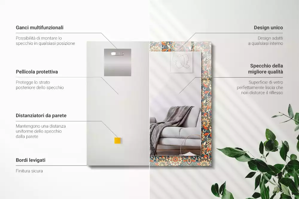 Miroir rectangulaire décoratif imprimé motif floral pour papier peint
