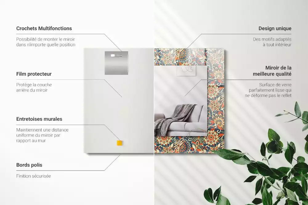 Miroir rectangulaire décoratif imprimé motif floral pour papier peint