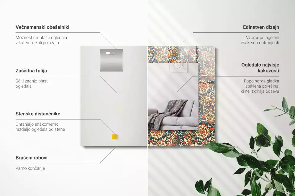Miroir rectangulaire décoratif imprimé motif floral pour papier peint