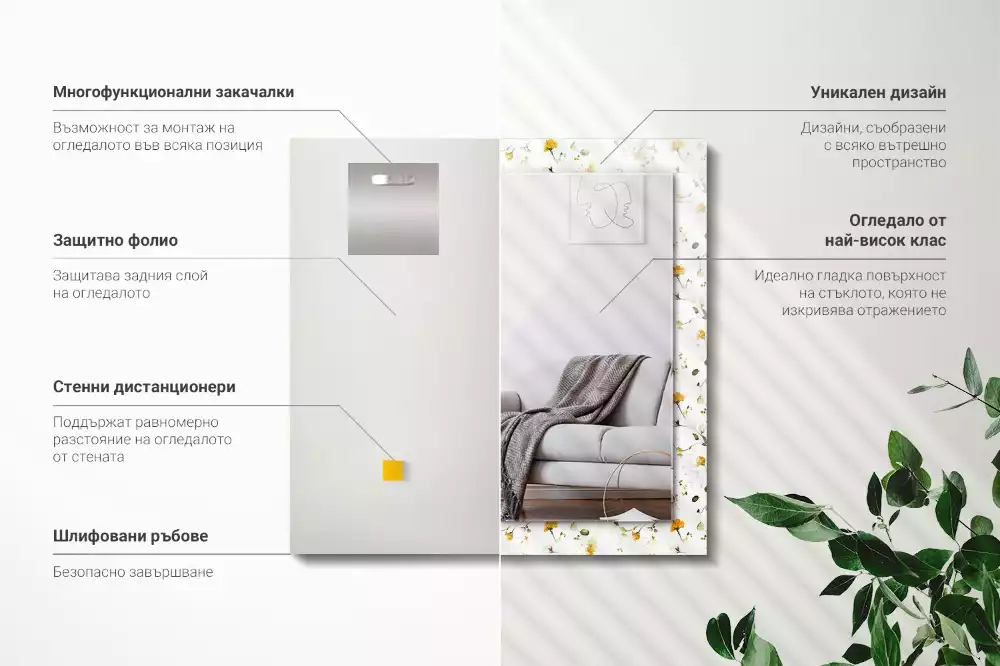 Miroir rectangulaire avec cadre imprimé motif fleurs et feuilles