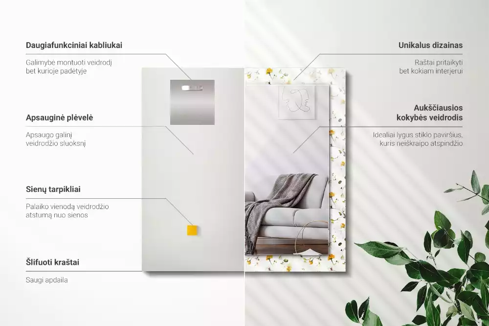 Miroir rectangulaire avec cadre imprimé motif fleurs et feuilles