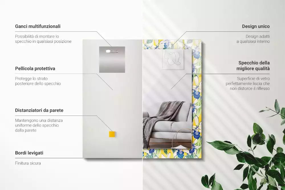 Miroir rectangulaire décoratif fleurs et feuilles