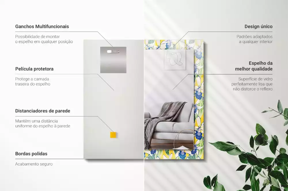 Miroir rectangulaire décoratif fleurs et feuilles