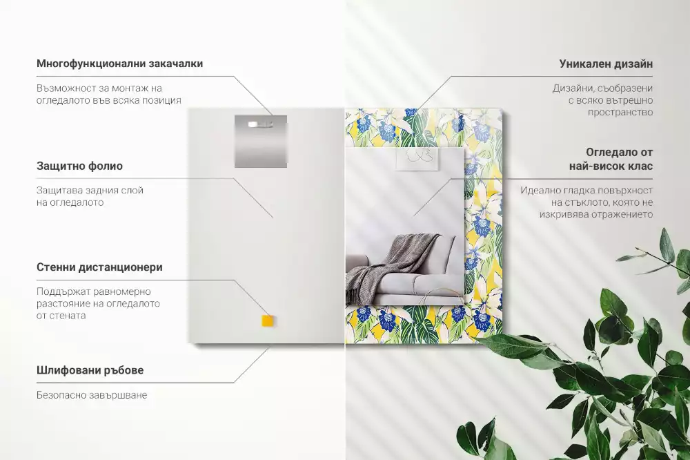 Miroir rectangulaire décoratif fleurs et feuilles