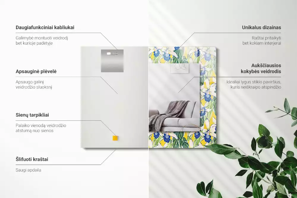 Miroir rectangulaire décoratif fleurs et feuilles