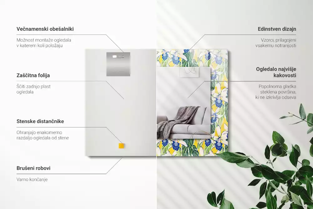 Miroir rectangulaire décoratif fleurs et feuilles