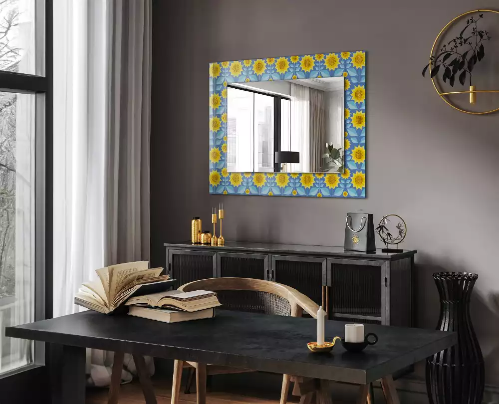 Miroir rectangulaire avec cadre imprimé motif tournesols et feuilles