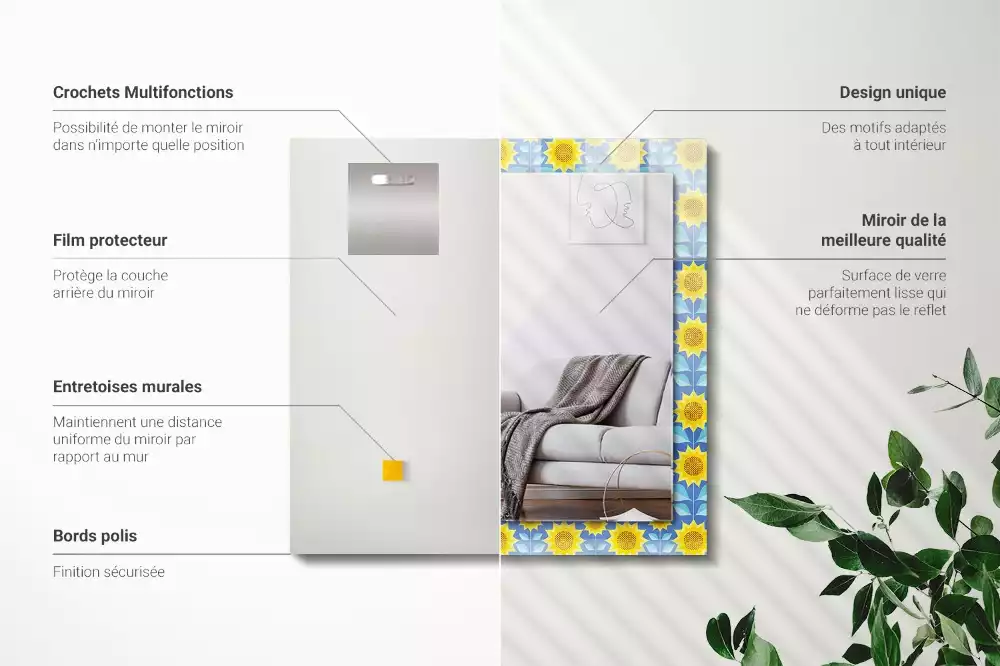 Miroir rectangulaire avec cadre imprimé motif tournesols et feuilles