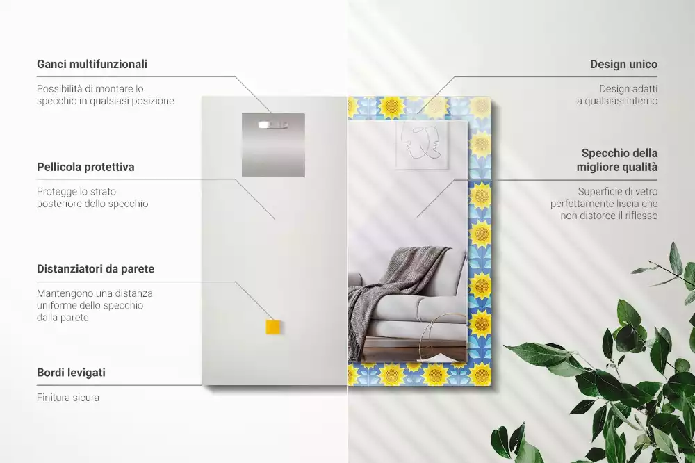 Miroir rectangulaire avec cadre imprimé motif tournesols et feuilles
