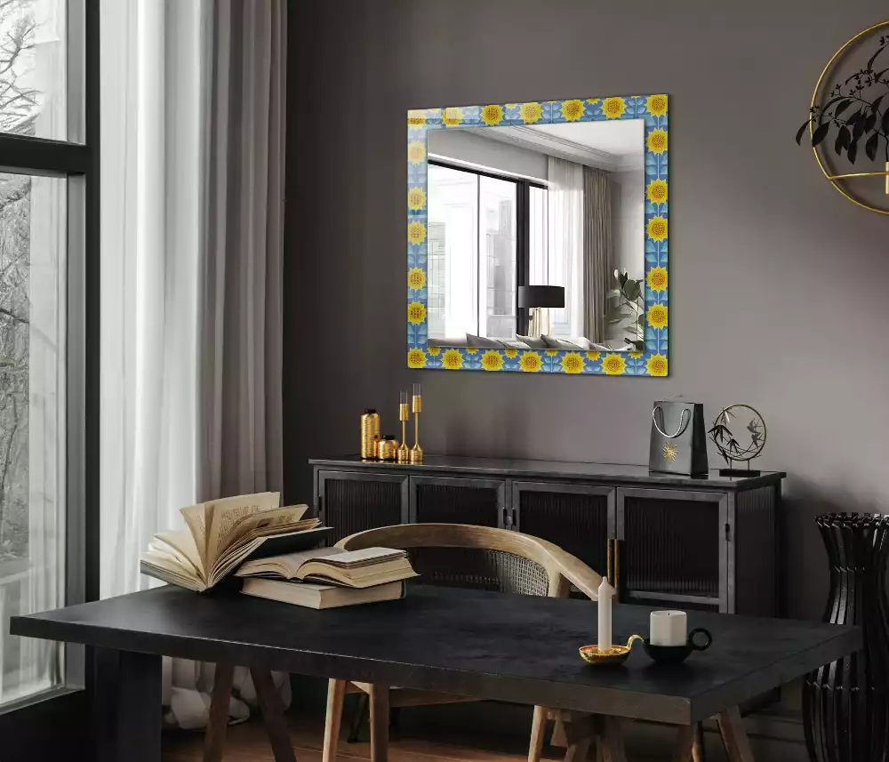 Miroir rectangulaire avec cadre imprimé motif tournesols et feuilles